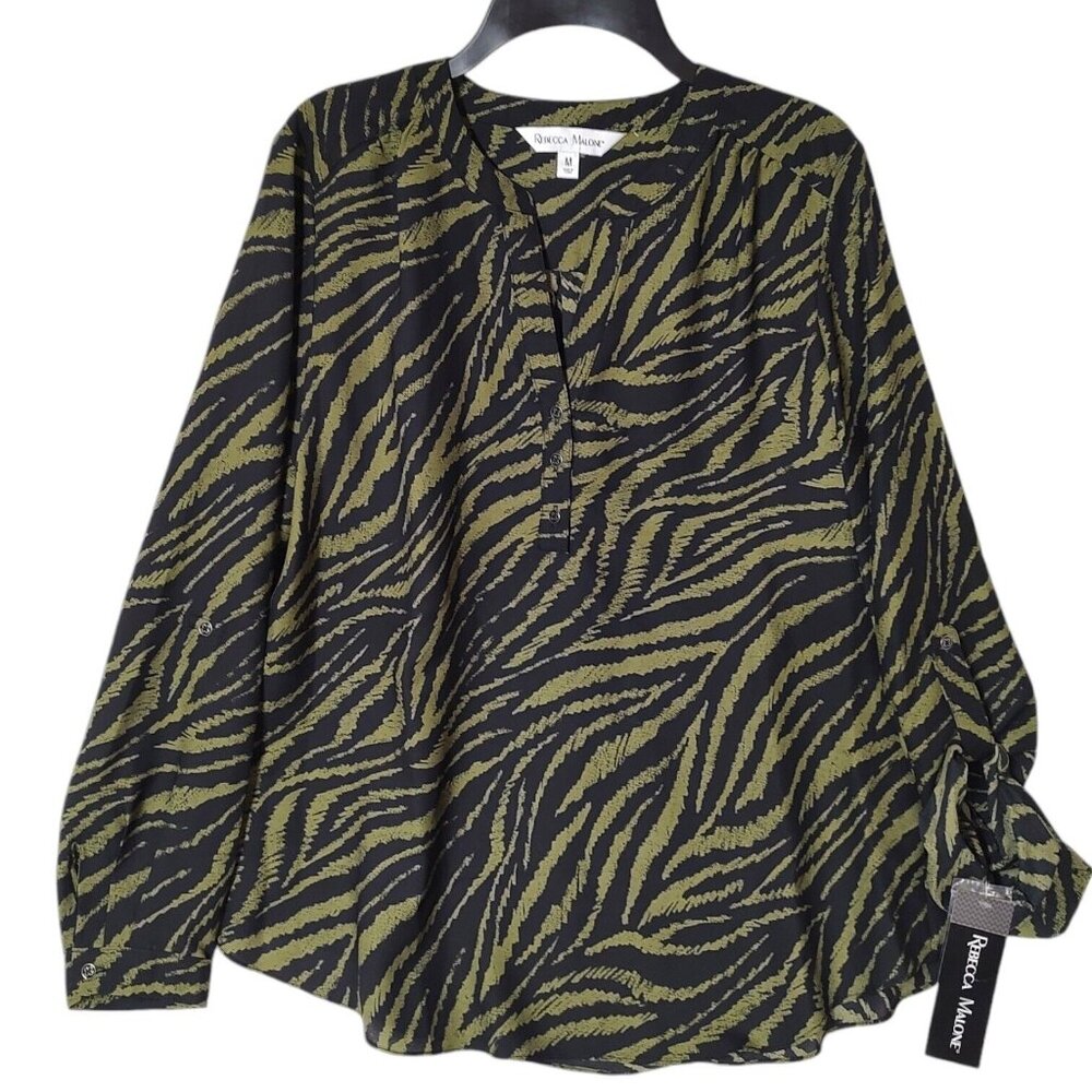 Rebecca Malone Green Black Zebra Print Top Long Sleeves Size Medium NWT $44